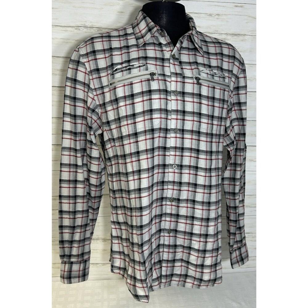 John Varvatos Gray Black Red Plaid Casual Button Down Shirt Cotton Sz LARGE Mens